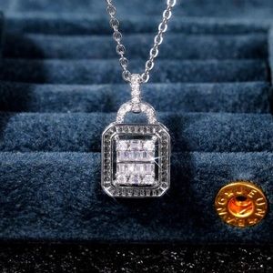New Dainty Lock Shape Design Rectangle Zircon full Filed Silver Pendant Necklace